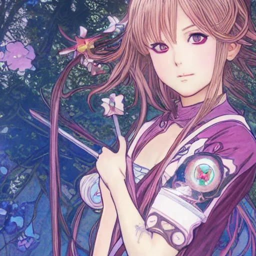 Image similar to magical girl, anime style, short hair, hair down, symmetrical facial features, front trading card, witch clothes, hyper realistic, castle cards background, 4 k, rule of thirds, extreme detail, detailed drawing, safebooru, fantasy, d & d, realistic lighting, by alphonse mucha, greg rutkowski, sharp focus, backlit