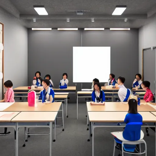 Prompt: still photo of a japanese class room with students, highly detailed, photorealistic portrait, bright studio setting, studio lighting, crisp quality and light reflections, unreal engine 5 quality render