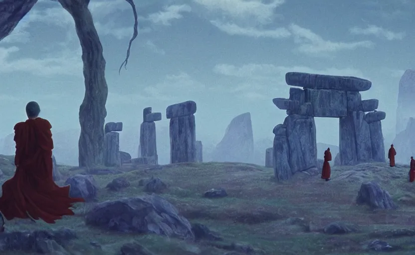 Image similar to movie still from princess mononoke ( 1 9 9 7 ) showing a highly detailed landscape with two monks praying with stonehenge in the background 1 9 8 0 s science fiction, 1 9 7 0 s science fiction, cyberpunk, moody, misty, depth perception, 4 k, artstation