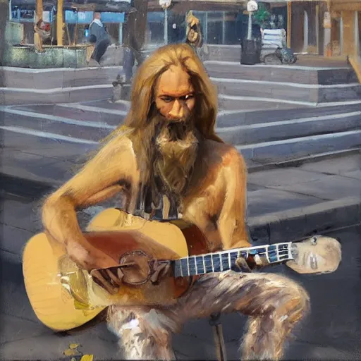 Image similar to oil painting of a young man with long hair blond and a beard hippie style with his golden retrever dog playing guitar in the square for money, people watching around, by greg rutkowski, artstation