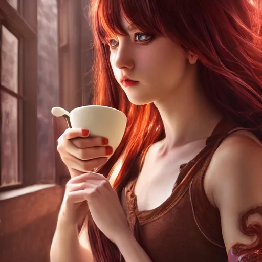 Image similar to a portrait of a girl drinking coffee , fantasy, anime , madhouse production, HDR, natural light, shoulder level shot, dynamic pose, award winning photograph, Mucha style 4k,