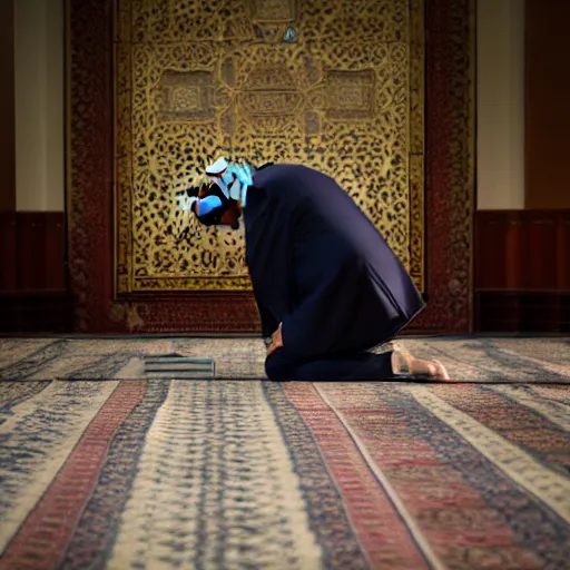 Image similar to Trump praying in mosque, award winning cinematic photography, 50 mm, blurred background, perfect faces