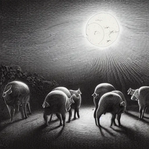 Image similar to pigs in a tuxedo walk out of a barn, dramatic lighting, creepy, farm background, moon, chiaroscuro, high detail, illustration by gustave dore