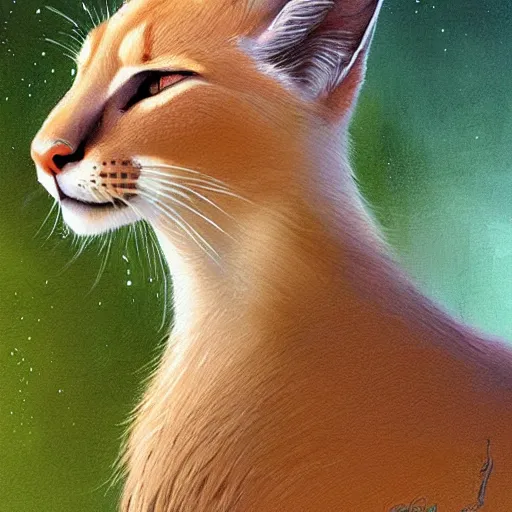 Prompt: portrait of a beautiful cute caracal with glowing blue eyes, dressed in a green top, flowing white hair, detailed face, fantasy, highly detailed, cinematic lighting, digital art painting by greg rutkowski, trending on artstation, very very beautiful, very attractive