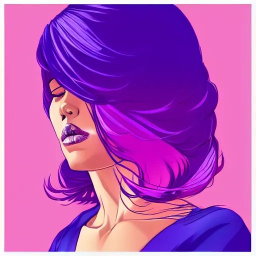 Image similar to a stunning upper body portrait of a beautiful woman with ombre hairstyle in purple and pink blowing in the wind by marvel comics, digital art, trending on artstation