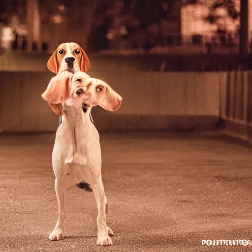 Image similar to a beagle fighting Karen, movie still, photography, DSLR 35mm, low light photography, ultra fine detail