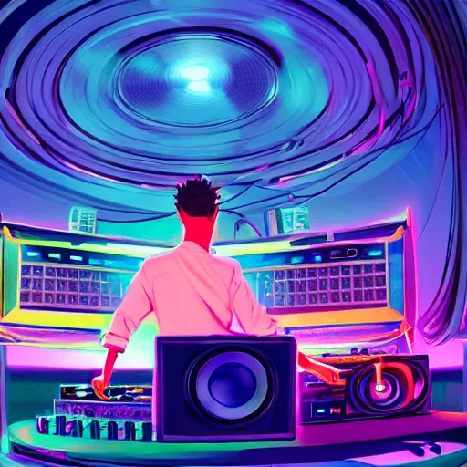 Image similar to a dj creating disco music in an underground lab, surrounded by large retro speakers, digital painting, artstation, ristan eaton, victo ngai, artgerm, rhads, ross draws, anime styled, hd, 4 k