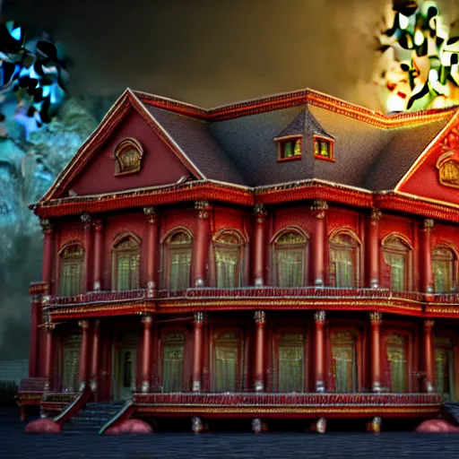 Image similar to A photorealistic 3d render of Invincible Mark Grayson, Volume, Full, ominous, magical realism, texture, intricate, ornate, royally decorated, android format, windows, many doors, roofs, complete house , whirling smoke, embers, red adornments, red torn fabric, radiant colors, fantasy, trending on artstation, volumetric lighting, micro details, 3d sculpture, ray tracing, 8k