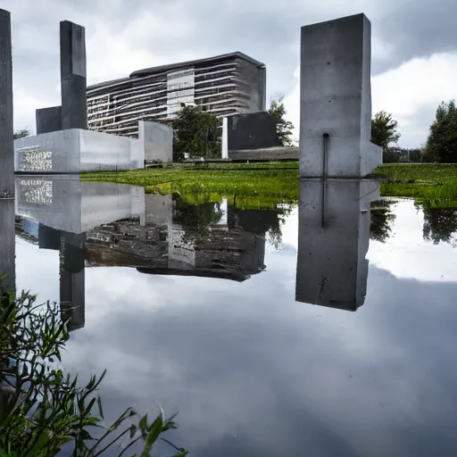 Prompt: a modern memorial built with apparent concrete ,hope and peace to the people. the building stands in the lakeside in a sunny day and reflected in water. humans walk and play in the place.