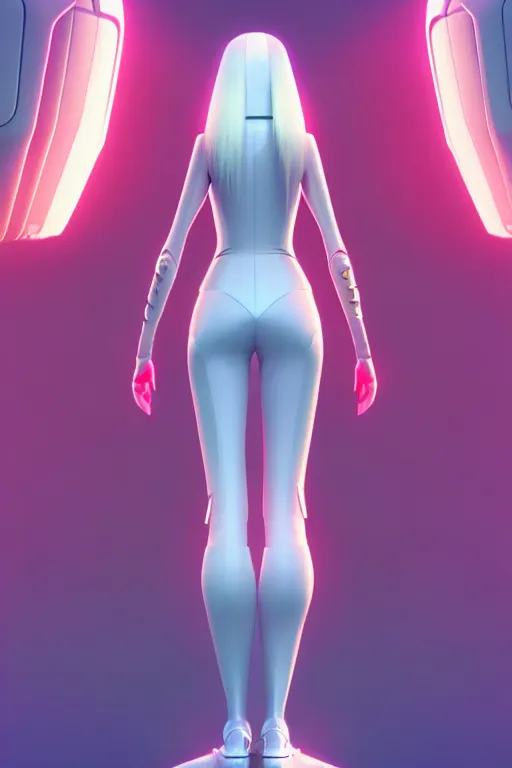 Image similar to upright and straight women, scifi, futuristic design, full body model, long white hair, character design, cinematic lighting, highly detailed, by beeple, goro fujita, smooth gradient.