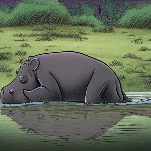 Image similar to sad hippo waking up in a beautiful river landscape, drawing by matt groening, trending on artstation