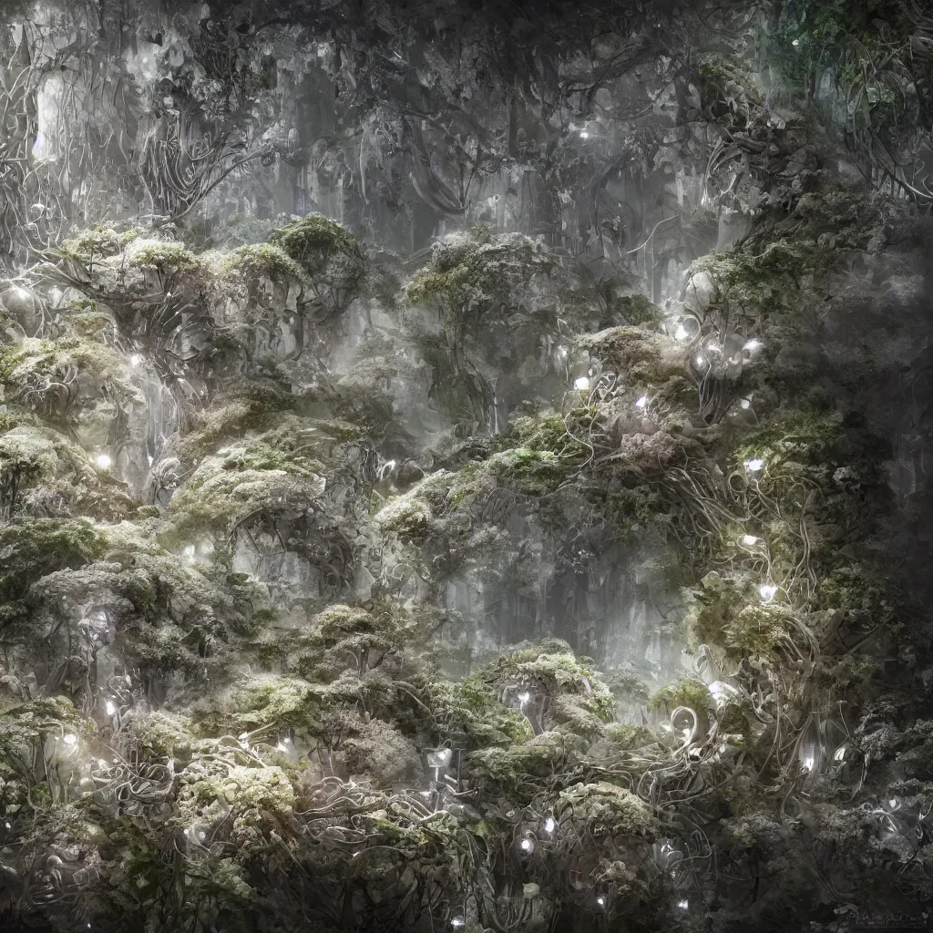 Image similar to biocomputer heart organ intertwined with white biocomputer flowers in a biomechanical cave forest, intricate environment, matte painting, diffused lighting, highly detailed cinematic, atmosphere, diffused lighting, highly detailed digital art, trending on artstation, depth of field, wide angle