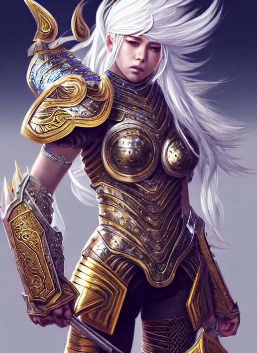 Image similar to warrior, intricate ornate opal heavy armor!!! beautiful and athletic white hair female!! monster hunter!! character concept art, sharp focus, octane render! unreal engine 5! highly rendered!! trending on artstation!! detailed linework!! illustration by artgerm, wlop, and chie yoshii