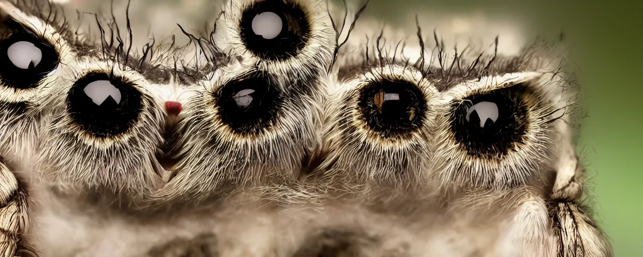 Image similar to a jumping spider mixed with an owl, hybrid creature, by Stanley Kubric, anamorphic lens, macro shot, bokeh, kodak color film stock, realistic, hyper detailed