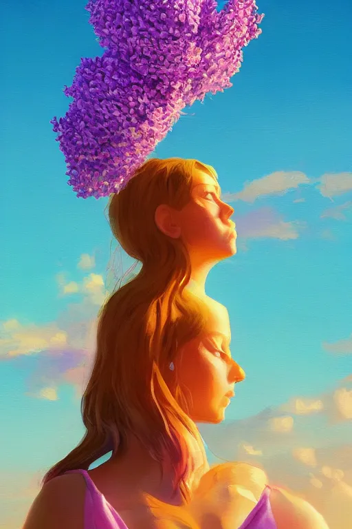 Image similar to closeup, giant lilac flower head, girl on beach, surreal photography, golden hour, colorful clouds, impressionist painting, digital painting, artstation, simon stalenhag