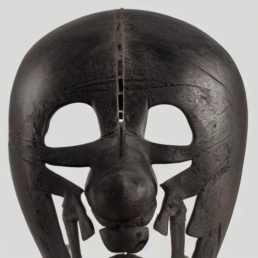 Prompt: symmetrical product photograph of a highly detailed ominous samurai mask made from fragmented bone and obsidian, angry