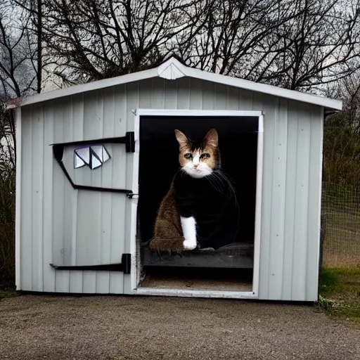 Prompt: A cyberpunk shed with a cat sitting by the door