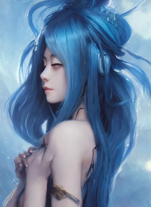 Prompt: stunningly beautiful female blue hair, dj sura face, fantasy art, dark light night, sharp focus, digital painting, 8 k, concept art, art by wlop, artgerm, greg rutkowski and alphonse mucha