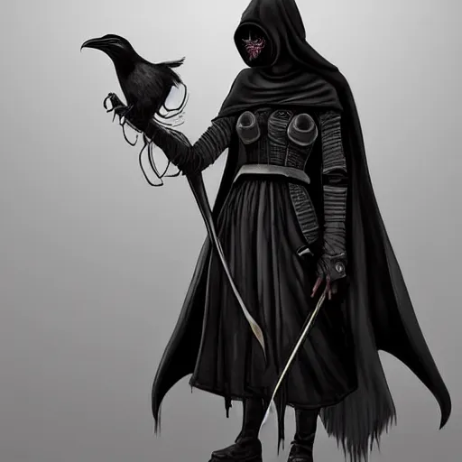 Image similar to female plague doctor donning a black hood, steel knightly armor and a white armored pointy crow mask, trending on artstation