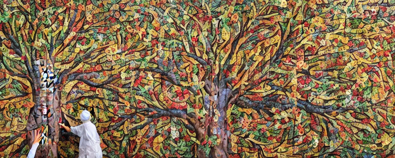 Image similar to a large jigsaw puzzle piece showing a tree being crafted by a doctor