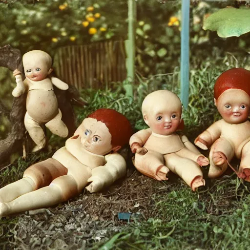 Prompt: autochrome photo of vintage disgusting brown kewpie dolls, plastic baby doll toys in a backyard garden, realistic