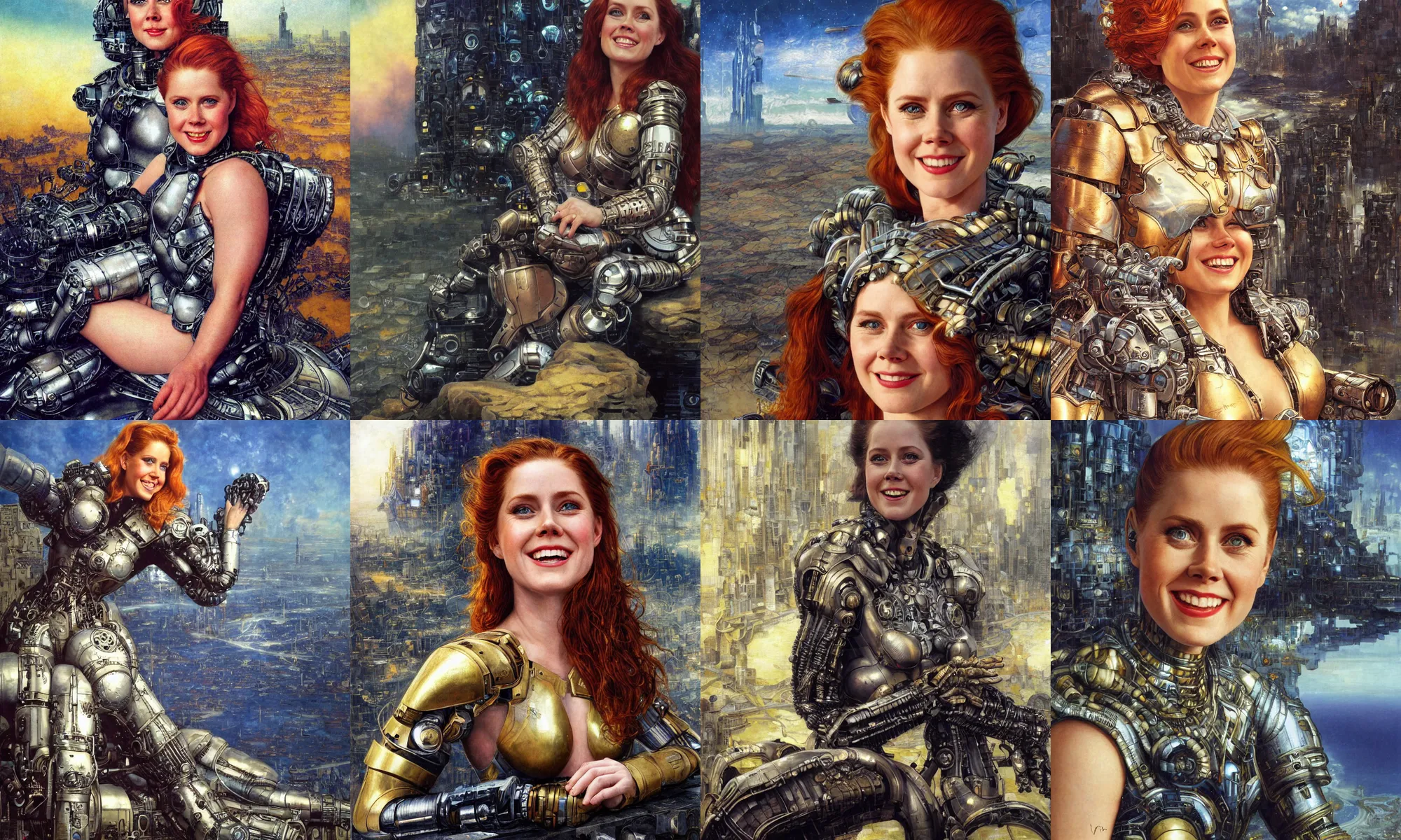 Image similar to close - up portrait of epic young amy adams smiling into camera, intricate cyborg armor, sitting on a bench, vista of futuristic city, windy, golden hour, wlop, by gerald brom, by mikhail vrubel, by peter elson, extreme detail, trending on artstation