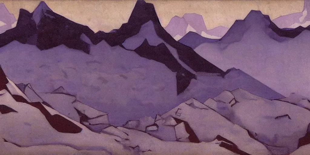 Prompt: At the Mountains of Madness, oil on canvas, by Nicholas Roerich