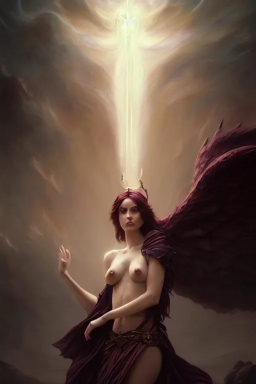 Image similar to seductive looking sorceress prays!!! magic the gathering, windy hair!, surreal dark fantasy, cinematic volumetric lights, portrait, dnd, intricate, elegant, highly detailed, digital painting, artstation, concept art, smooth, sharp focus, illustration, art by artgerm and tom bagshaw and greg rutkowski and alphonse mucha