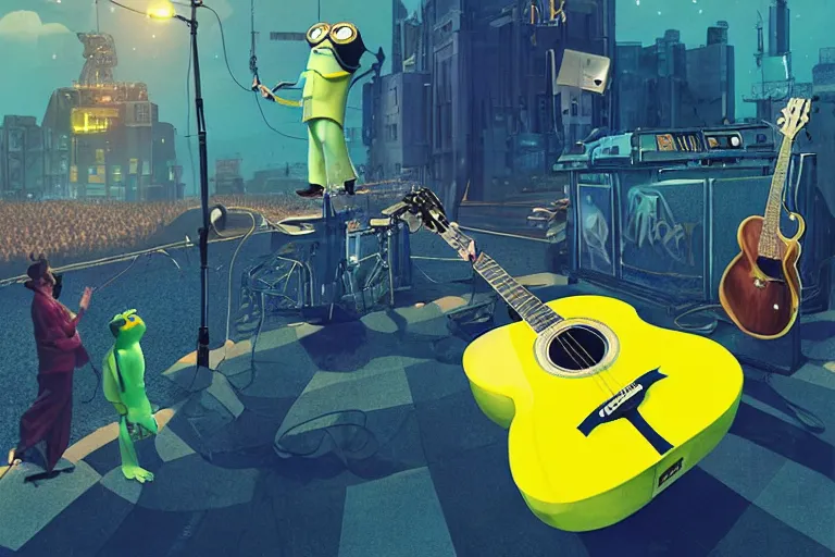 Image similar to the beatles performs with guitar on a giant yellow flying minion, sci fi, art by mike winkelmann, trending on cgsociety, retrofuturism, darksynth, sci - fi