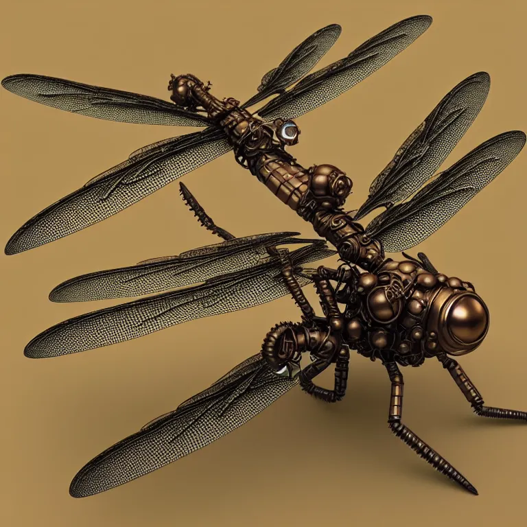 Prompt: steampunk robot dragonflies, 3 d model, unreal engine realistic render, 8 k, micro detail, intricate, elegant, highly detailed, centered, digital painting, artstation, smooth, sharp focus, illustration, artgerm, wlop