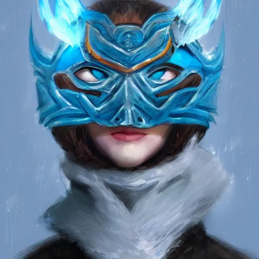 Image similar to snow bandit from ‘ icewind dale ’ with a bright blue gem mask, ‘ icewind dale 2 ’ profile portrait by ‘ justin sweet ’, falling snow, soft focus, illustration, oil paint, artstation