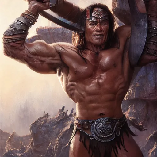 Prompt: Conan the Barbarian played by Arnold Schwarzenegger, 4k oil on linen by wlop, artgerm, andrei riabovitchev, nuri iyem, james gurney, james jean, greg rutkowski, highly detailed, soft lighting 8k resolution