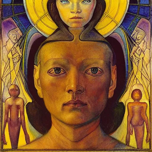 Prompt: the little android queen, by annie swynnerton and diego rivera and elihu vedder and lucien freud and jean delville, symbolist, dramatic lighting, elaborate geometric ornament, head and shoulders view, art brut, soft cool colors, smooth, sharp focus, extremely detailed, adolf wolfli, leo and diane dillon, nicholas roerich