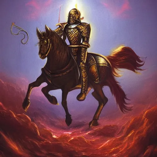Prompt: holy knight in golden armor with a runnic sword fighting demons in hell, black ground and sky, red sun and rivers of blood