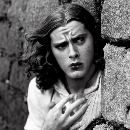 Image similar to Still of a movie set in the 1930s where a terrified young man with long hair is cornered against a stone wall. He is looking utterly panicked and distressed