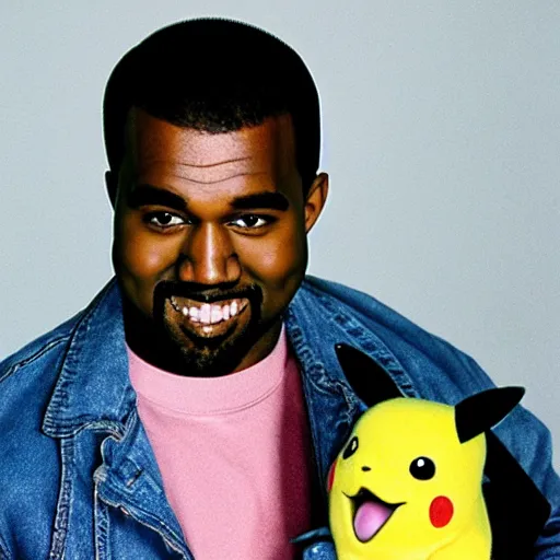 Image similar to kanye west smiling holding pikachu for a 1 9 9 0 s sitcom tv show, studio photograph, portrait c 1 2. 0