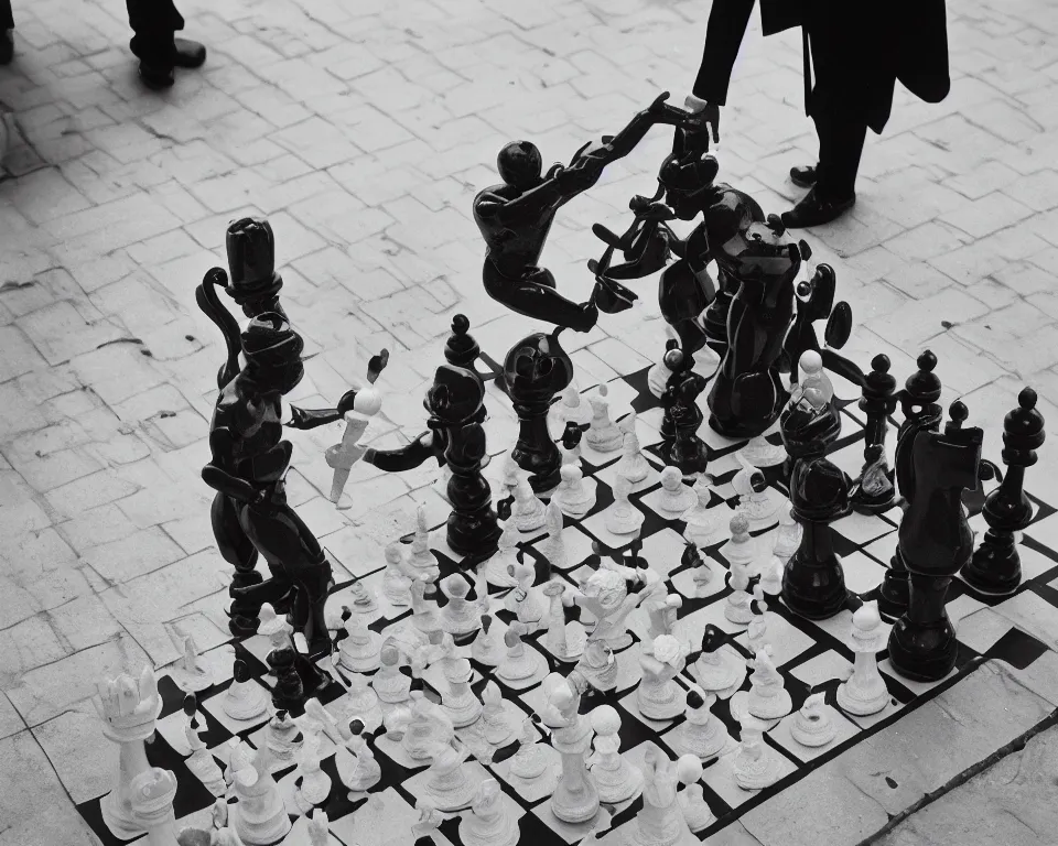 Image similar to a black and white photograph humanoid chess pawn takes the crown off a humanoid chess king. art photography, tri - x