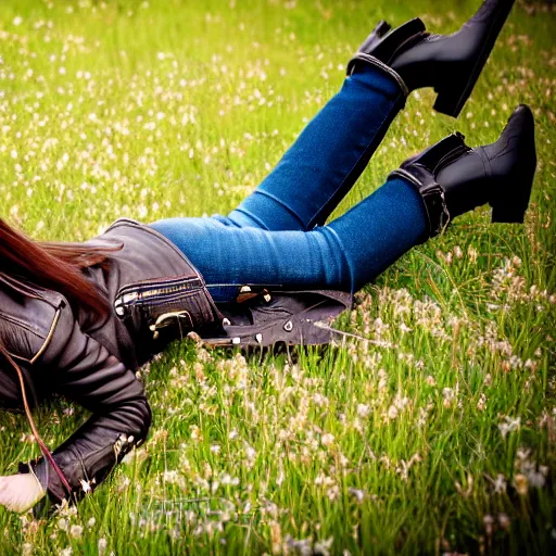 Prompt: young girl lies on a meadow, she wears leather jacket, jeans and black boots, intricate, sharp focus, photo taken by nikon, 4 k, studio lightning
