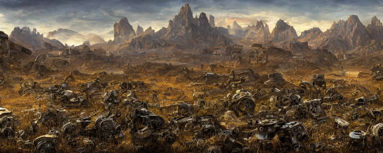 Image similar to apocalypse landscape, ruins and mountain in the background, broken rusty robots scattered on the ground, masterpiece 4k, intricate details, realistic, panoramic view, Hyperdetailed, 8k resolution, intricate art nouveau