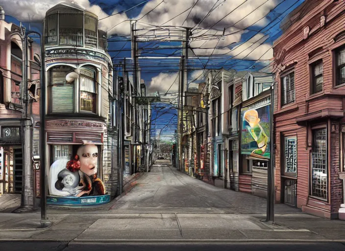 Image similar to north melbourne street, lowbrow, cables, matte painting, 3 - d highly detailed, in the style of mark ryden