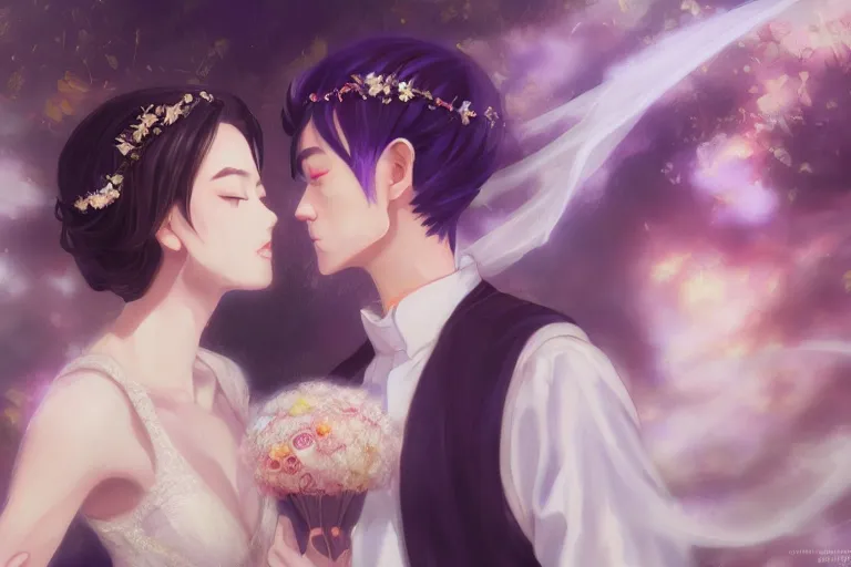 Image similar to a cinematic portrait of wedding photograph jpeg close up moment of a divine a japan sun god and moon goddess lovers magician at a wedding banquet. portraiture. digital painting. artstation. concept art. wedding photo. digital painting. violet evergarden art masterpiece by art by krenz cushart