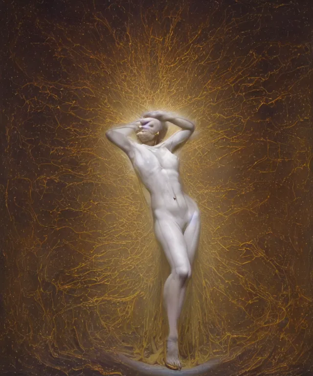 Image similar to Beautiful full-body wax sculpture of glowing transparent woman with visible gold bones covered with melted white wax inside the singularity where stars becoming baroque folds of dark matter by Michelangelo da Caravaggio, Nicola Samori, William Blake, Alex Grey and Beksinski, dramatic volumetric lighting, highly detailed oil painting, 8k, masterpiece