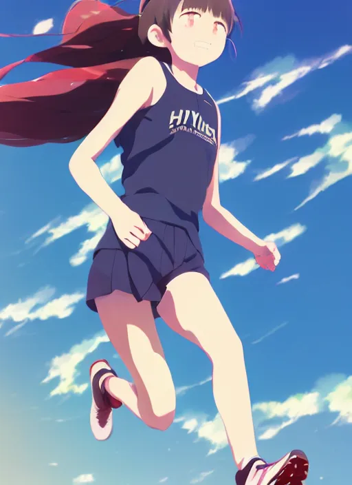 Prompt: portrait of high school runner girl, sunny sky background stadium landscape illustration concept art anime key visual trending pixiv fanbox by wlop and greg rutkowski and makoto shinkai and studio ghibli and kyoto animation red sports clothing marathon race running shoes sponsors