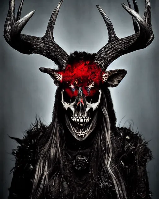 Image similar to deer - skull ghost - spirit of the grim - warpaint wears the scarlet skull armor and native blood headdress antlers, midnight fog - mist!, dark oil painting colors, realism, cinematic lighting, various refining methods, micro macro autofocus, ultra definition, award winning photo, photograph by ghostwave - gammell - giger - shadowlord