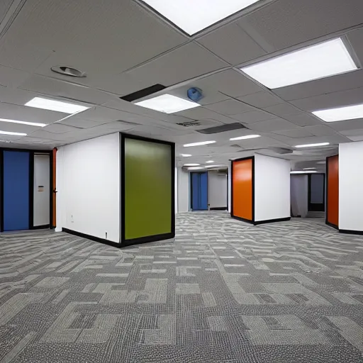 Image similar to the backrooms : an endless maze of randomly generated office rooms and other environments. it is characterized by the smell of moist carpet, walls with a monochromatic tone of dirty off - white, 1 9 8 0's style carpeted walls and buzzing fluorescent lights