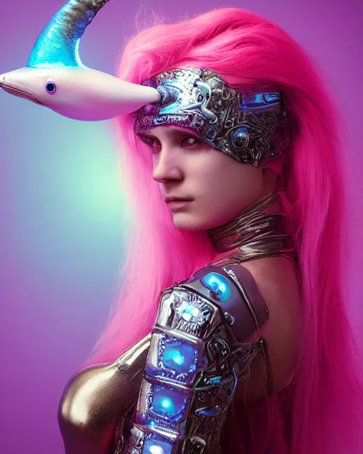 Prompt: natural light, soft focus portrait of a cyberpunk anthropomorphic narwhal with soft synthetic pink skin, blue bioluminescent plastics, smooth shiny metal, elaborate ornate head piece, piercings, skin textures, by annie leibovitz, paul lehr