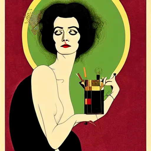 Image similar to Eva Green, Art by Coles Phillips, Gilded outfit, Jet black hair, Green eyes, Portrait of the actress, Elsa Lanchester as Morpheus, geometric art, poster, no text, Mucha, Kandinsky, carbon blac and antique gold