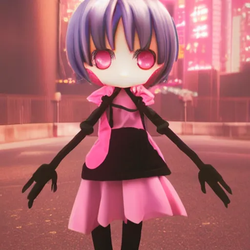 Image similar to cute fumo plush of a girl with prosthetic mechanical arms, pink velvet dress, bokeh, cyberpunk anime girl, vray