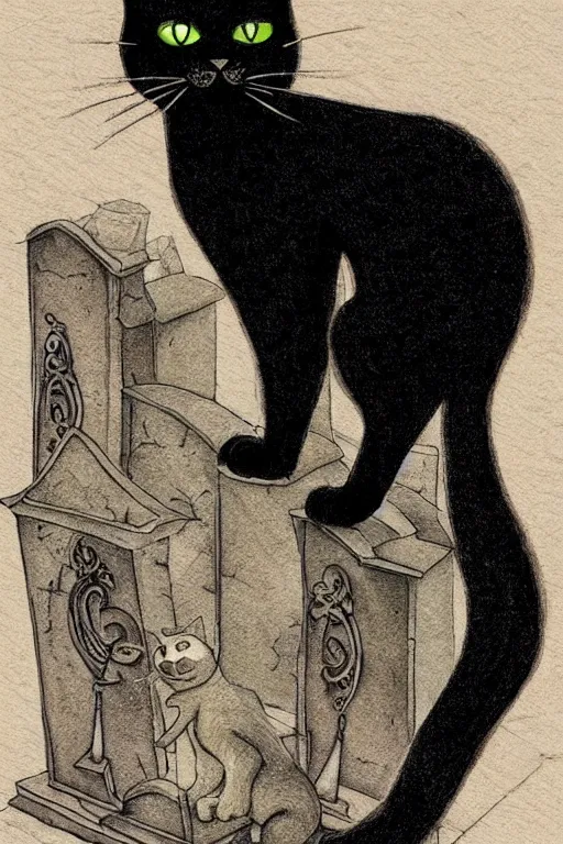 Image similar to black cat in graveyard at midnight halloween tattoo on shoulder by anton pieck, intricate, extremely detailed, digital painting, artstation concept art