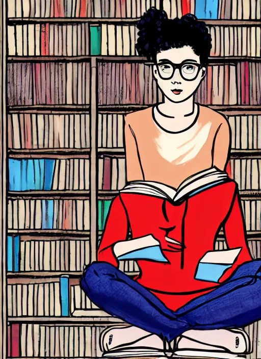 Prompt: a young woman with red hair in a bun and glasses sits cross legged on top of a tall pile of books. she is reading. clean pretty cartoon painting, beautiful detailed face.